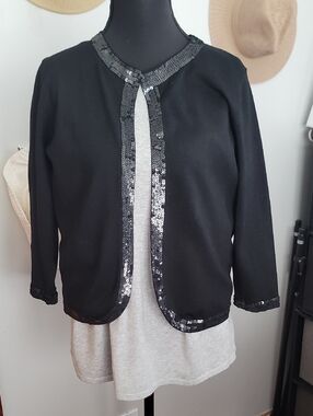 Kate Hill Black Sequin-Trim Open-Front Jacket